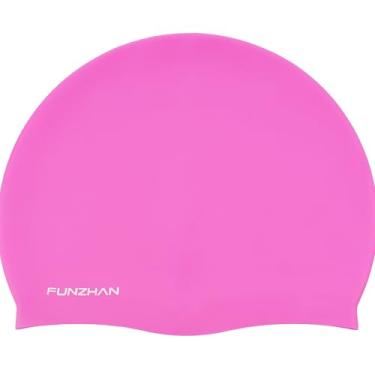 Imagem de Funzhan Touca de natação grande, alta elasticidade, treino e corrida, cabelo encaracolado, cabelo longo, antiderrapante, confortável, touca de natação à prova d'água (rosa)