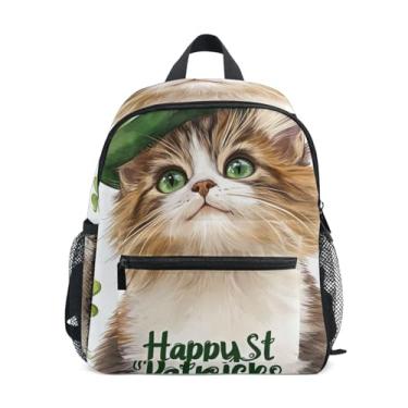 Imagem de GAIGEO Cute Cat St Patrick Shamrock Toddler Mini Backpack, 10x4x12 In, Backpack for School Girls Includes Water Bottle Pockets, Whistle Clip for Safety