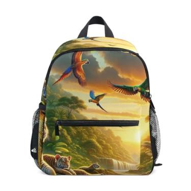 Imagem de GAIGEO Tropical Animal Landscape Tiger Small Kids Backpack with Whistle, 2 Bottle Pockets, Lightweight, Baby Backpack for Daycare 10x4x12 In, for Ages 3-8