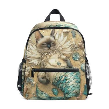 Imagem de GAIGEO Cute Siamese Cat Mermaid Baby Backpack with Whistle, Adjustable Chest Strap, Boys School Backpack Lightweight & Compact for Ages 3-8