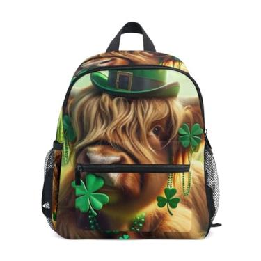 Imagem de GAIGEO Highland Cow St Patrick Backpack for Kids 10x4x12 In, Baby Girl Backpack with Water Bottle Pockets, Whistle Buckle