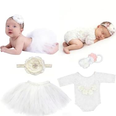 Imagem de 4 peças de roupas para fotografia de recém-nascidos, adereços para fotografia de bebê, macacão elegante de renda com saia de tule (branco)