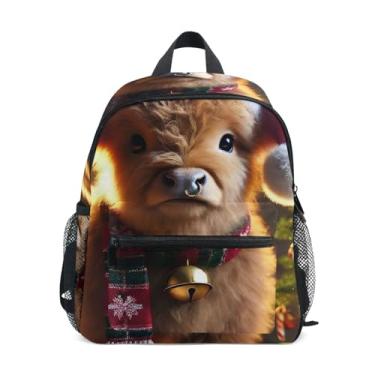 Imagem de GAIGEO Christmas Highland Cow Cute Calf Small Toddler Backpack with Whistle, Adjustable Chest Strap, School Backpack for Girls Lightweight & Compact for Ages 3-8