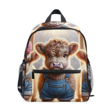 Imagem de GAIGEO Highland Cow Farmhouse Childrens Backpack with Whistle, 2 Bottle Pockets, Lightweight, Preschool Backpack 10x4x12 In, for Ages 3-8