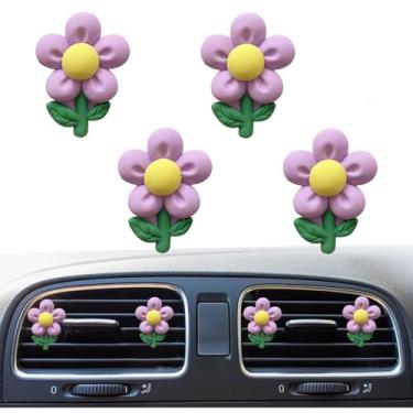 Imagem de Clipes de ventilação de margarida fofos, 4 peças de flores purificadores de ar clipes de ventilação difusores charmosos decoração de carro para mulheres acessórios de decoração de interiores de carro