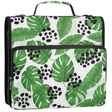Imagem de Organizador de fichário com zíper de folhas verdes tropicais, 3 cm, 3 anéis, bolsa resistente para fichários escolares com alça de ombro, estojo portfólio de armazenamento com alça, 34,5 x 31,5 x 9 cm