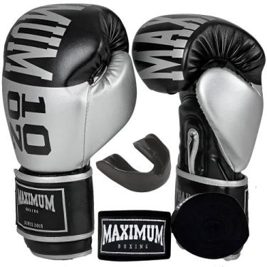 Imagem de Kit luva de boxe muay thai trainning preta/prata + bandagem 3m + prote