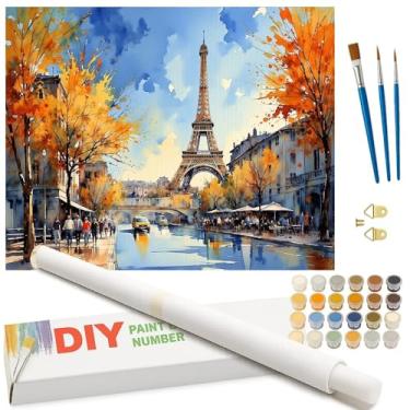 Imagem de Kit de pintura por números outono em Paris para adultos - Torre Eiffel DIY com árvores de outono e pintura de cena de rua em tela enrolada 40,6 x 50,8 cm, conjunto de tinta acrílica para iniciantes