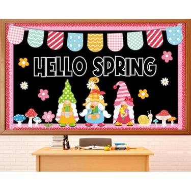 Imagem de Hello Spring Bulletin Board Decorações de primavera gnomo sala de aula quadro de avisos flores de gnomo recortes de papel para fontes temáticas suprimentos de festa volta às aulas sala de aula
