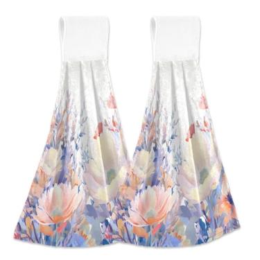 Imagem de xigua Conjunto de 2 toalhas de cozinha coloridas de flores silvestres, toalhas de cozinha macias e absorventes rápidas com laço para pendurar e adesivos mágicos, toalhas de mão de pano para pendurar