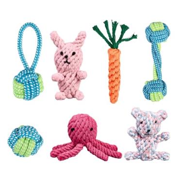 Imagem de wanhaoshangmao Pacote com 7 brinquedos de corda para cães, brinquedos de mastigar corda de algodão para cães pequenos e grandes, cabo de guerra interativo em forma de animal para limpeza de dentes