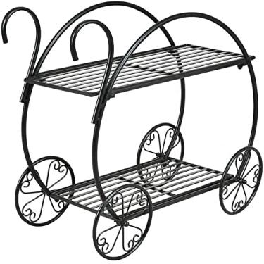 Imagem de AkosOL Carrinho de jardim de duas camadas, suporte de plantas de metal, suporte de vaso de flores suculentas, prateleira de exibição para pátio doméstico