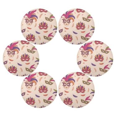 Imagem de Wassud Jogo americano conjunto de 6 tapetes de mesa redondos retrô de carnaval para cozinha e jantar tapetes laváveis resistentes ao calor para decoração de mesa 39 cm