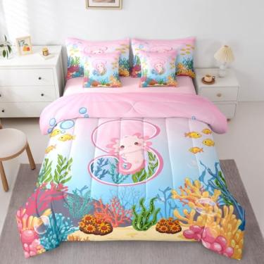 Imagem de Erosebridal Conjunto de edredom solteiro com axolotl rosa, 7 peças, com letra P personalizada em uma bolsa com lençol para crianças, meninas e adolescentes, conjunto de cama fofa de salamandra do