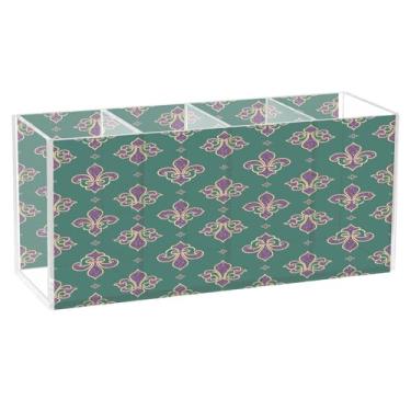 Imagem de CEBUGI Porta-lápis de acrílico transparente com 4 compartimentos, organizador de pincéis de maquiagem com estampa flor-de-lis para armazenamento em mesa de escritório em casa