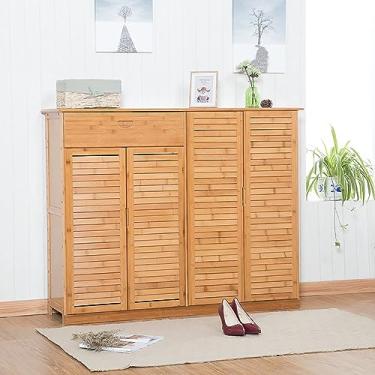 Imagem de Armário de sapatos de bambu com portas, suporte organizador de armazenamento de sapatos para 26-30 pares, entrada corredor sala de estar quarto móveis, cor bege (130 x 33,2 x 87 cm)