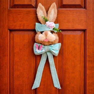 Imagem de Decoração De Páscoa Pendente Cabeça Coelho Em Palha Com Laço