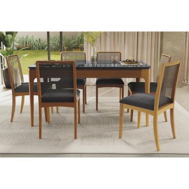 Imagem de Sala Jantar Mesa Mira Premium Madeira Maciça c/ Tampo Madeirado c/ Vidro 160x90cm e 6 Cadeiras Lara Carvalho/Preto - Boucle Chumbo - Kappesberg