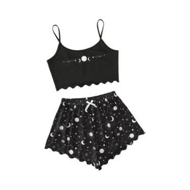 Imagem de Conjunto De Pijamas Femininos De Verão Com Estampa De Estrelas E Lua, 