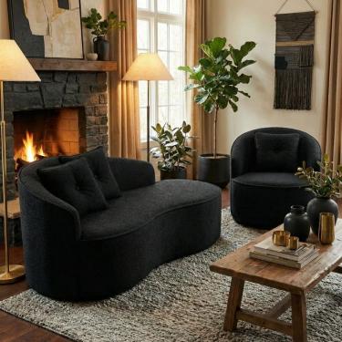 Imagem de Kit de 01 Sofá Orgânico Curvo Feijão + 01 Poltrona Confortável Sala Estúdio Amore Bouclê Preto - Montanari`s Decor