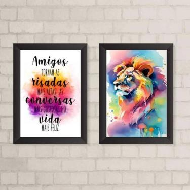 Imagem de Kit 2 Quadros Leão Amigos 24x18cm - Vidro e Moldura Branca
