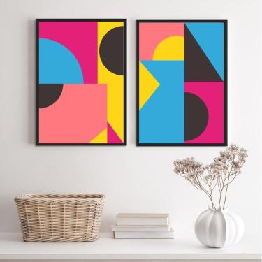 Imagem de Kit 2 Quadros Abstratos 33x24cm - Azul Rosa Amarelo - Vidro - Moldura Preta