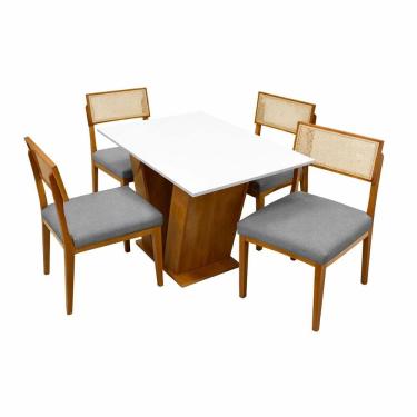 Imagem de Mesa de Jantar Classic 120x80cm com Vidro e 4 Cadeiras Grecia em Linho Madeira Cel Móveis Cor Cinamomo Off White com Tecido Cinza
