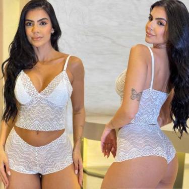 Imagem de Kit 3 Conjuntos Lingerie Sem Bojo Cropped Renda Calcinha Caleçon - Lik