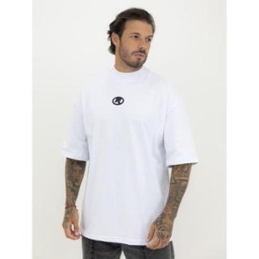 Imagem de Camiseta Oversized Gola Alta Círculo Black Streetwear Camisa Algodão Premium Branco-Masculino