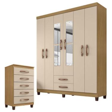 Imagem de Guarda Roupa Casal Modena com Espelho 6 Portas e Cômoda Cannes 5 Gavetas Carvalho Americano Off White – Incorplac