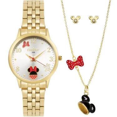 Imagem de Kit Coleção Disney Relógio Condor Dourado Feminino Minnie Mouse Case E