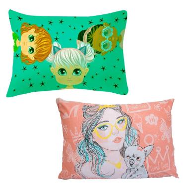 Imagem de Kit Fronha Girl e Juju Malha 100% Algodão 48CM X 68CM 02 Peças Branco Portallar