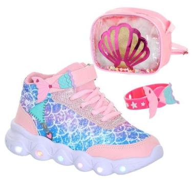 Imagem de Kit Infantil tenis de led sereia criança infantil meninas rosa - Peman