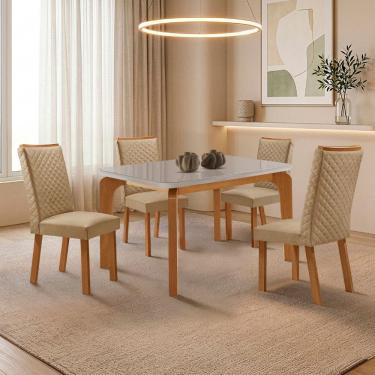 Imagem de Conjunto de Jantar Liz Lira 4 Lugares Tampo em MDF com Vidro 120cm Off White com 4 Cade...