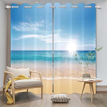 Imagem de Yeele Cortina impressa térmica com isolamento térmico de praia tropical oceano 106,6 x 274,3 cm para sala de estar, quarto, paisagem, natureza, poliéster, à prova d'água, cortinas blackout 2 painéis para escurecimento de ambiente, cortinas com ilhós