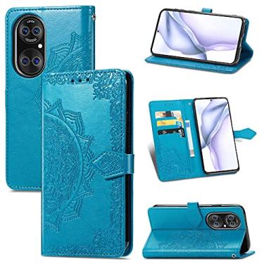 Imagem de YUNCHAO Caixa de telefone Padrão Halfway Mandala Embossing Horizontal Leather Case aleta com Holder & cartão Slots & carteira e cordão para Huawei P50 Pro capa para celular