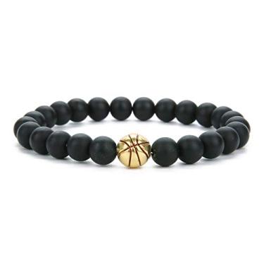 Imagem de Linsoir beads Pulseira de basquete moderna masculina com contas, pulseira elástica de pedra lavada/turquesa branca/pedra preta fosca, joia esportiva para amantes de basquete, 1 peça, 7.5 inches