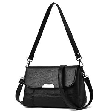 Imagem de Bolsas transversais moda casual com aba para mulheres bolsa de couro macio sob a axila média simples bolsas de ombro, Preto
