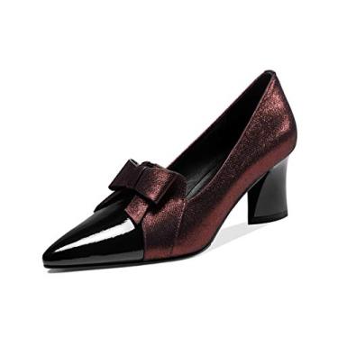 Imagem de TinaCus Mocassim feminino feito à mão de couro brilhante bico fino salto médio sem cadarço com linda gravata borboleta, Borgonha, 34