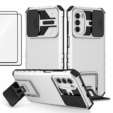 Imagem de Capa para Motorola Moto G52 com proteção deslizante da tampa da câmera e suporte (inclui 2 peças de proteção de tela temperada) Estojo de silicone macio à prova de choque para Moto G52 - Branco