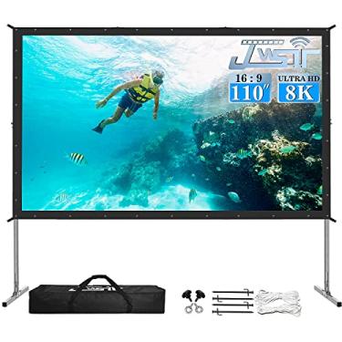Imagem de Tela e suporte para projetor, JWSIT 110" tela de filme externa atualizada em 3 camadas PVC 16:9 tela para projetor ao ar livre, tela de projeção de vídeo portátil com bolsa de transporte para quintal de home theater