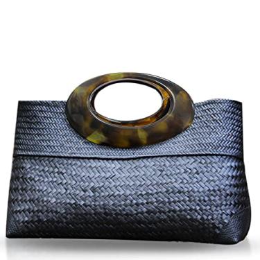 Imagem de QTKJ Bolsa de praia de verão, bolsa boho feita à mão em vime, alça redonda de madeira, grande padrão retrô de palha para férias na praia diariamente, Preto