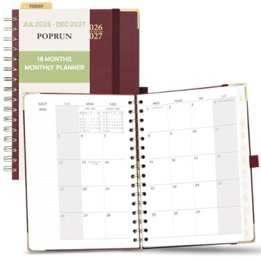 Imagem de POPRUN Agenda mensal 2026-2027 capa dura espiral (15 x 21 cm), calendário de 18 meses (janeiro de 2026 a junho de 2027) - 2 páginas por mês com páginas pontilhadas, início de domingo, aba laminada