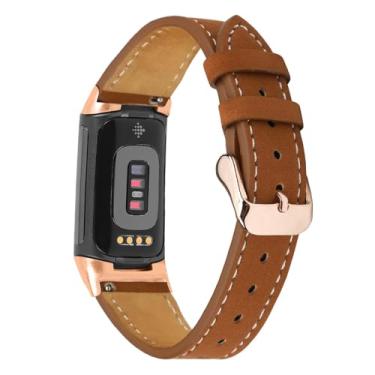 Imagem de Mtozon Pulseiras de couro compatíveis com Fitbit Charge 6/Charge 5, pulseiras de couro genuíno de substituição para mulheres e homens, marrom fosco
