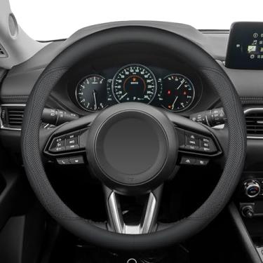 Imagem de Capa de volante antiderrapante para Mazda CX5/CX-5 CX50/CX-50 CX3/CX-3 CX30/CX-30 CX9/CX-9 Mazda 3 Mazda 5 Mazda 6 MX-5 Miata CX-7 RX-8 GS GT Sport Touring Accessories (couro preto 37.5 cm-38.1 cm)