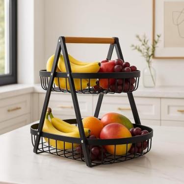 Imagem de Cesta de Frutas Fruteira de Arame Metal 2 Andares 22x14cm Organizador para Cozinha Bancada Legumes Pães Design Moderno Resistência Acabamento Mantém Alimentos Frescos (Preto)