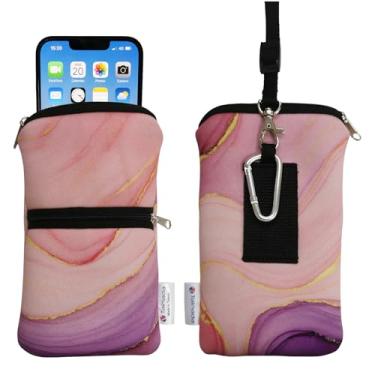 Imagem de Tainada Capa masculina feminina de neoprene à prova de choque com zíper, bolsa com mosquetão, cordão de pescoço, coldre para cinto para iPhone 15/14 Pro Max; Samsung S23+, A54 (rosa mármore)