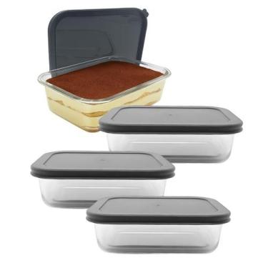 Imagem de Kit 3 Pote De Vidro Com Tampa Hermética Retangular Forno Microondas 15