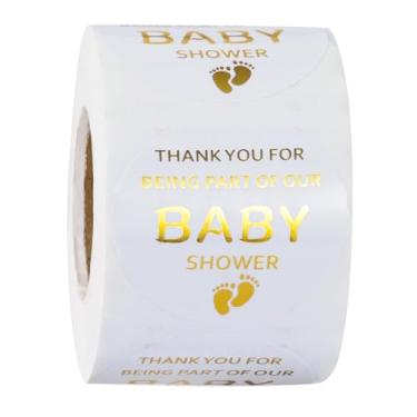 Imagem de WRAPAHOLIC Rolo de adesivos de chá de bebê - design de pegada de folha dourada, 5 x 5 polegadas, 500 etiquetas de agradecimento no total, adesivos de envio para aniversário e chá de bebê
