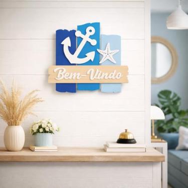 Imagem de Placa Decorativa Recepção Praiana Bem Vindo Âncora e Estrela do Mar para Casa na Praia Pousada